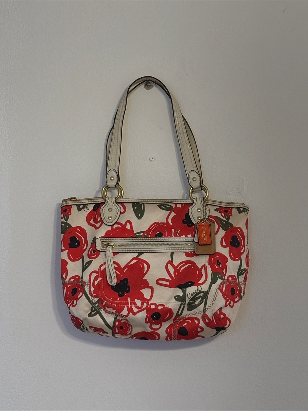 Coach Red Floral Canvas Shoulder Bag with Cream Trim